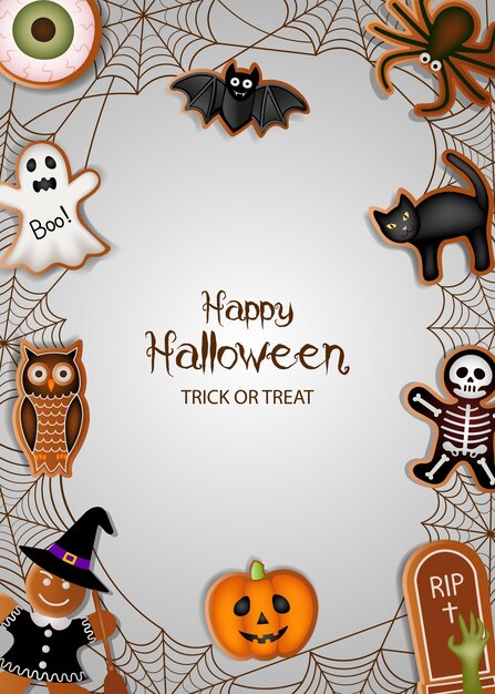 Poster di halloween con biscotti di pan di zenzero e ragnatela