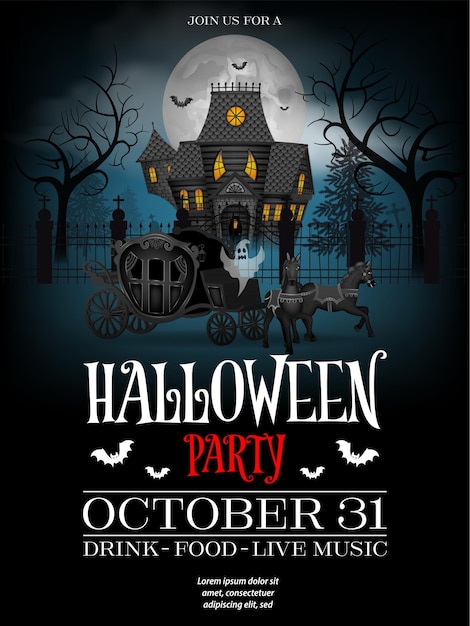 halloween poster with haunted house and black old carriage halloween flyer