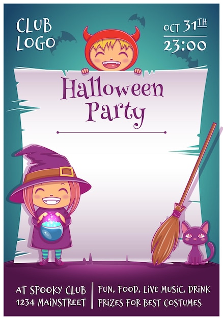 Vector halloween poster with little kids in costumes of witch and devil with black kitten and broom happy halloween party editable template with text space