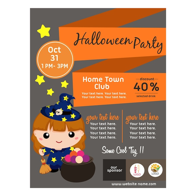 Halloween poster with lovable kid wizard flat style