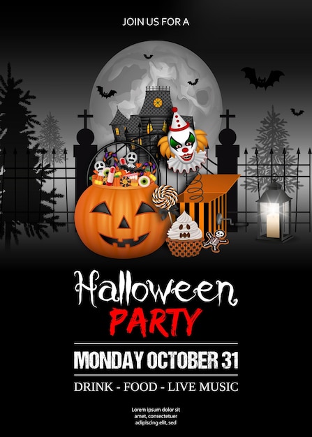 Vector halloween poster with pumpkin bucket and haunted house