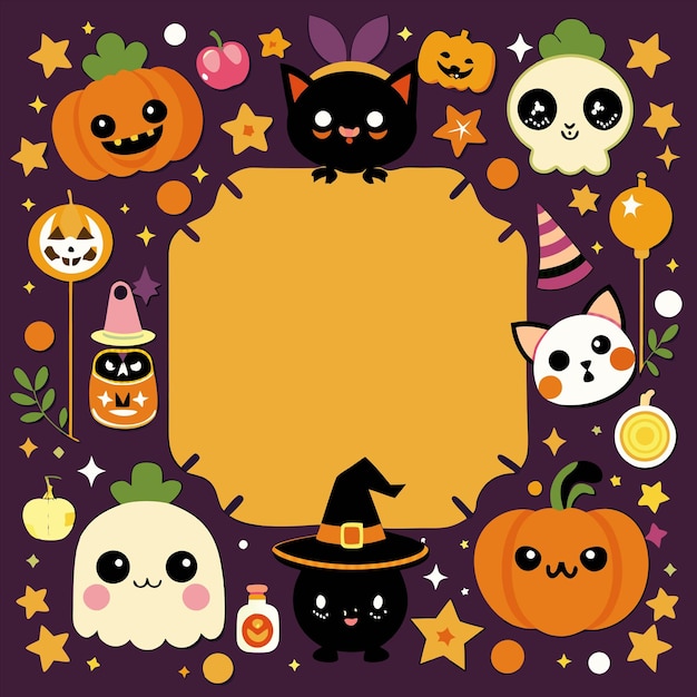 a halloween poster with a pumpkin cat witch and pumpkins
