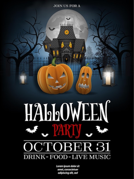 Halloween poster with pumpkins and haunted house