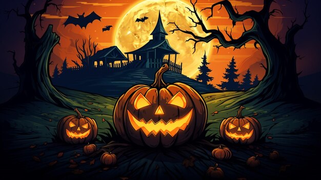 Vector a halloween poster with pumpkins and a house in the background