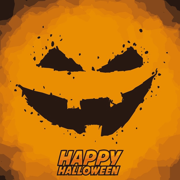 Halloween poster with spooky smiling pumpkin face with greeting