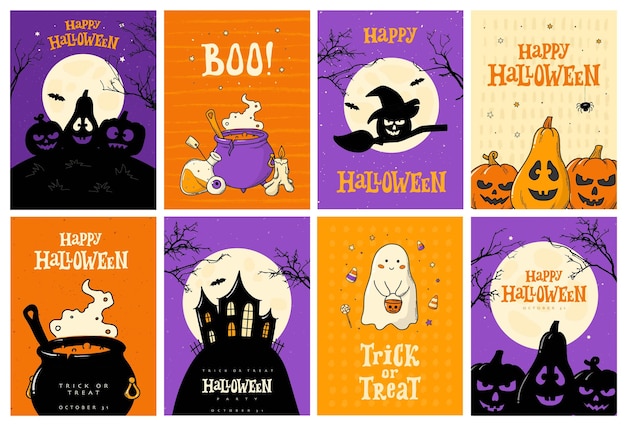 Vector halloween posters kaarten uitnodigingen banners set met belettering citaten en doodles