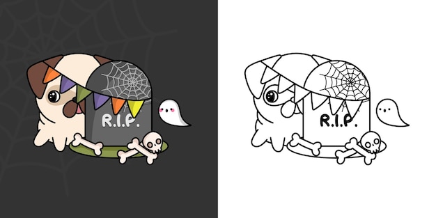 Halloween Pug Dog Clipart veelkleurig en zwart-wit. Mooie Clip Art Halloween Puppy.