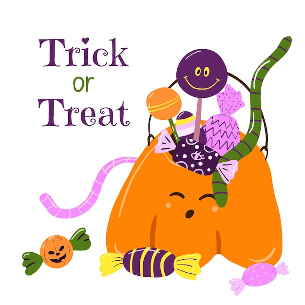 ベクトル ハロウィーン カボチャ バスケット カラフルなキャンディーお菓子ゼリー ロリポップを扱います。トリック・オア・トリートのバケツ