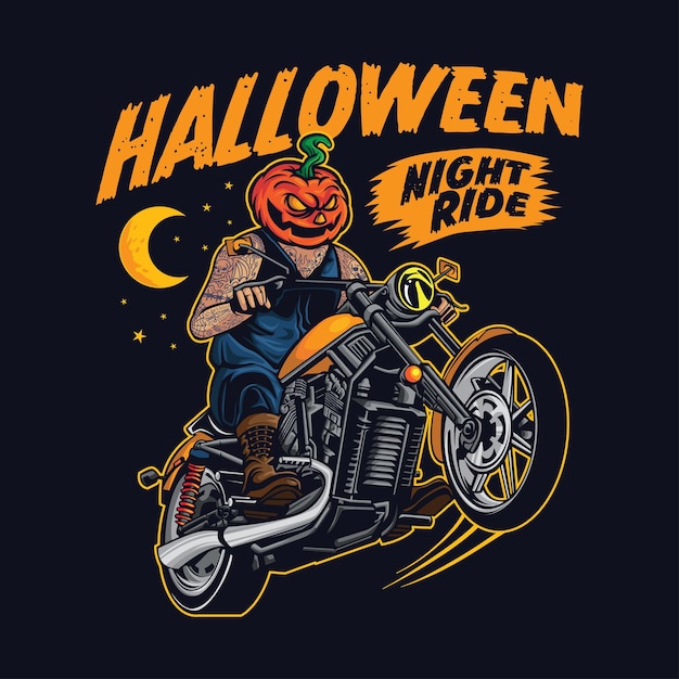 Illustrazione del manifesto del club motociclistico del motociclista della zucca di halloween