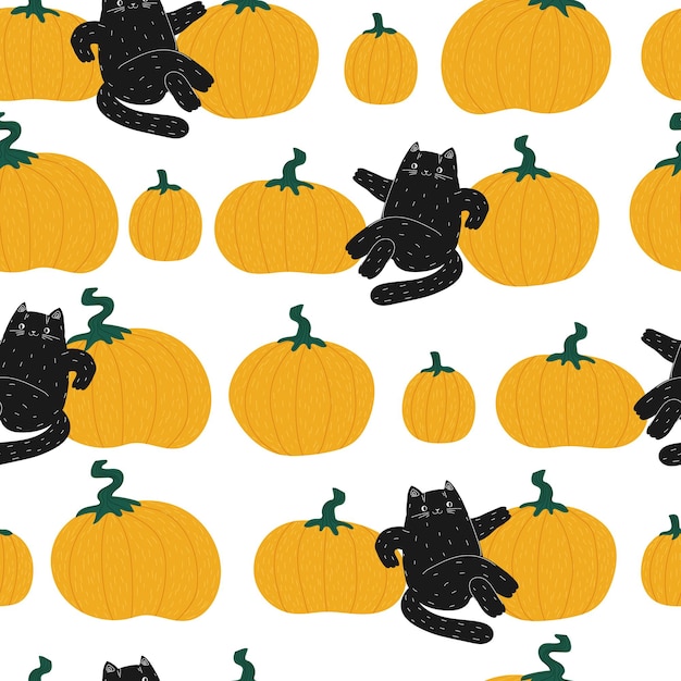 Zucca di halloween gatto nero cartone animato modello senza cuciture il gatto e il raccolto autunnale caduta delle foglie