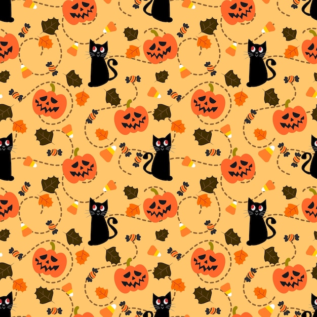 Vector halloween pumpkin and black cat seamless pattern