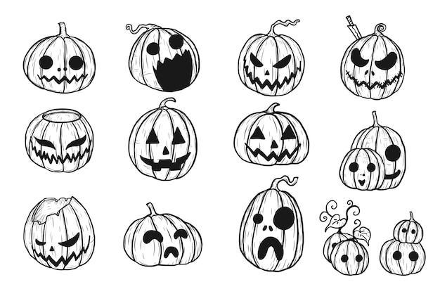 Zucca di halloween a mano di disegno. set di zucca in halloween