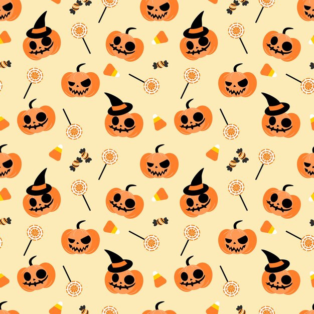 Vector halloween pumpkin and candy seamless pattern.