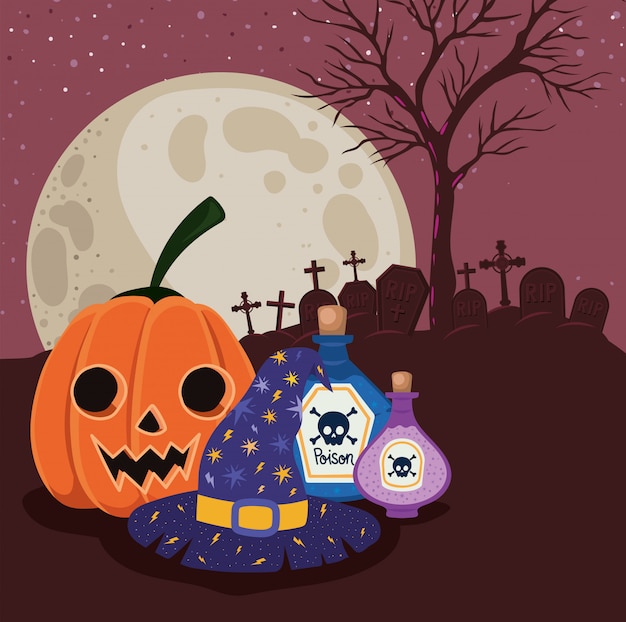 Halloween pumpkin cartoon and poisons in front of cemetery design, holiday and scary theme