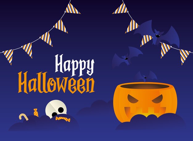 halloween pumpkin cartoon with bats and candies design, scary theme