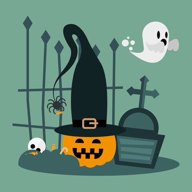 Halloween pumpkin cartoon with hat at cemetery design, scary theme