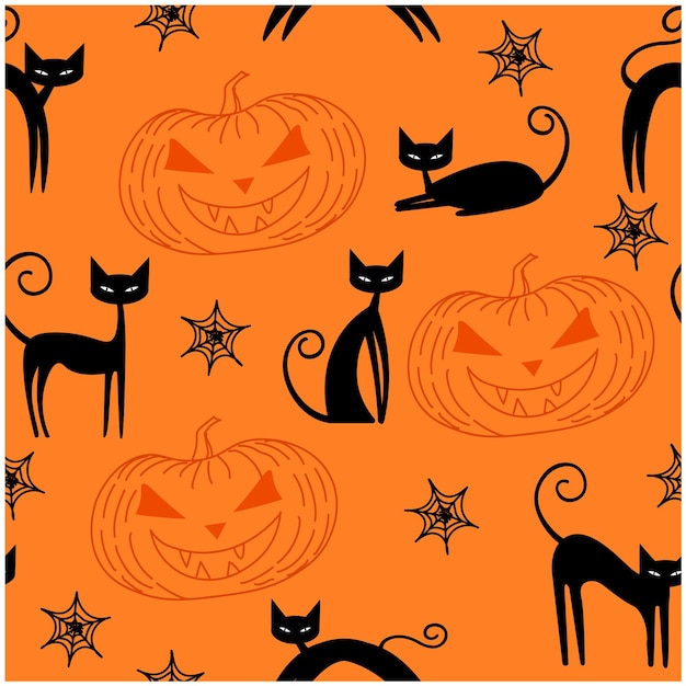 halloween pumpkin cats seamless pattern