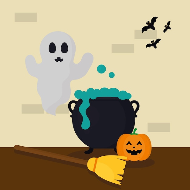 Vector halloween pumpkin and cauldron