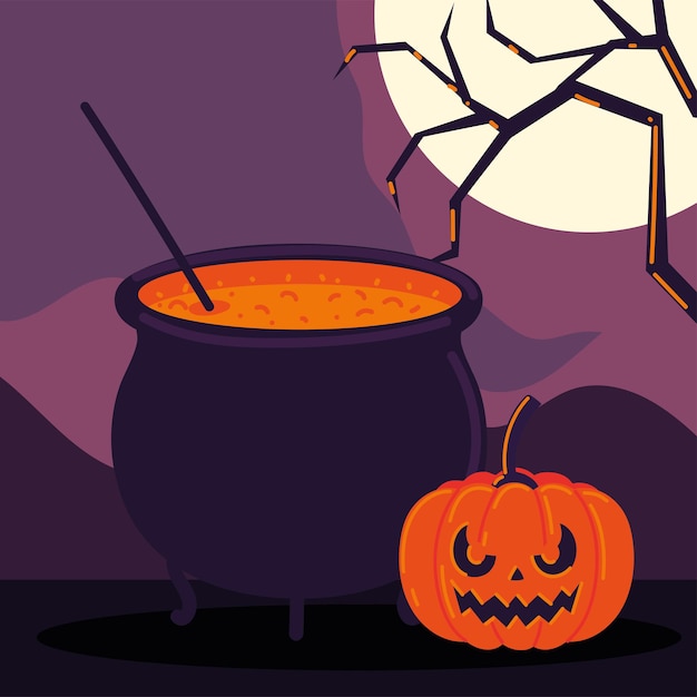 Vector halloween pumpkin and cauldron