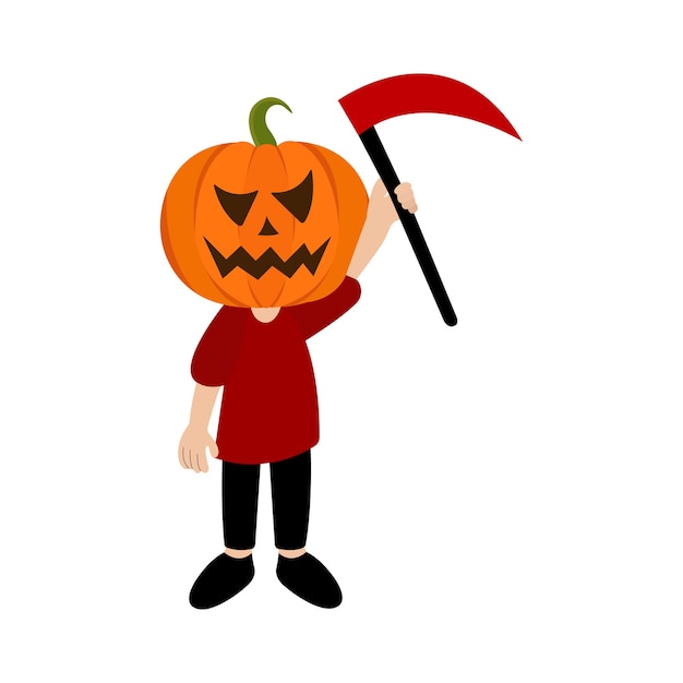 Vector halloween pumpkin character holding black axe vector isolated on white background. halloween vector.