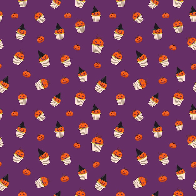 Halloween pumpkin cupcake pattern Seamless vector