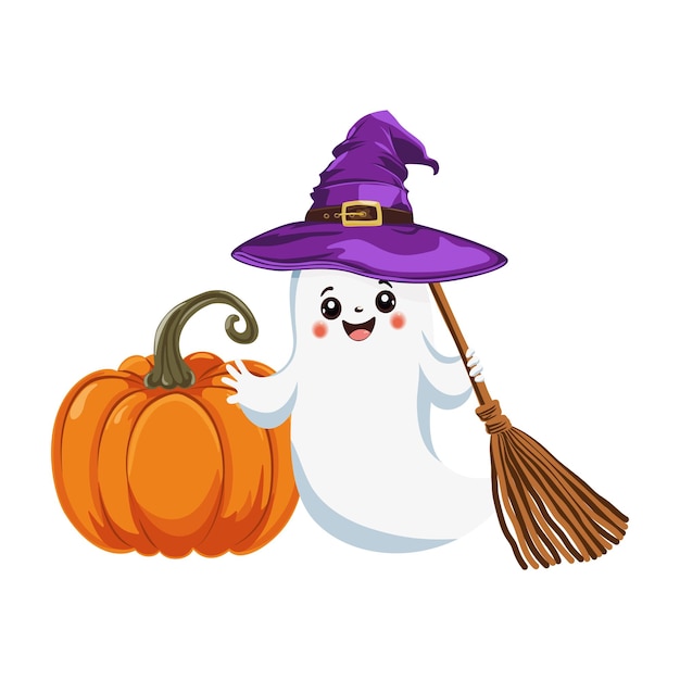 Halloween pumpkin and a cute ghost in a purple witch hat and a broom in his hand Traditional symbol and design element for Halloween celebration Cartoon vector illustration