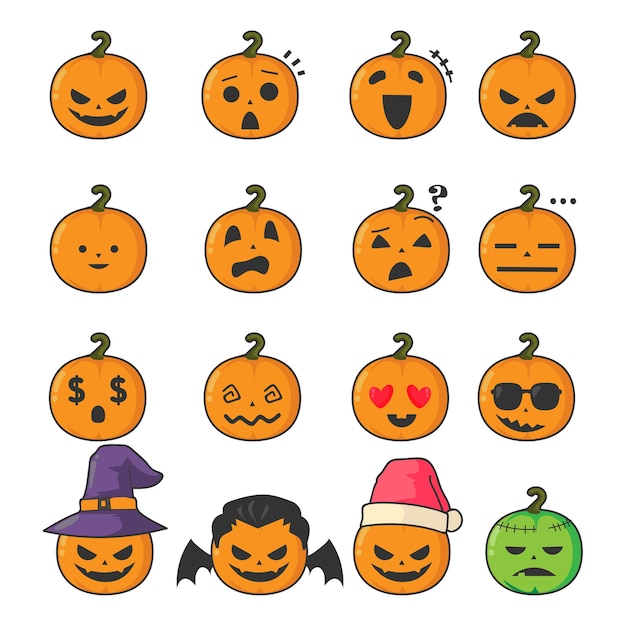 Vettore insieme dell'emoticon della zucca di halloween