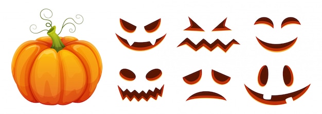 Generatore di facce di zucca di halloween. zucca di cartone animato con facce spaventate e sorridenti