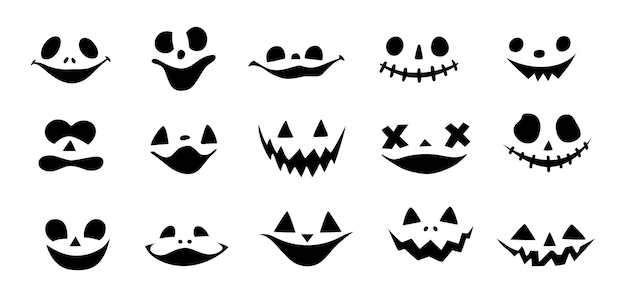 Halloween pumpkin or ghost faces vector set. Spooky pumpkin smile isolated on white background. Devils smiles. Cartoon monster collection.