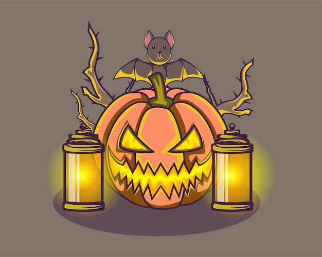 Halloween pumpkin, glowing scary bat