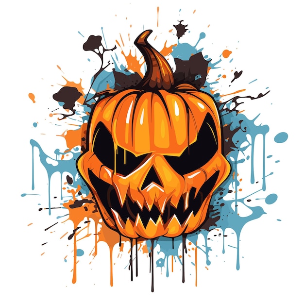 Halloween pumpkin graffiti street art with colorful paint stains in the style of spray painted