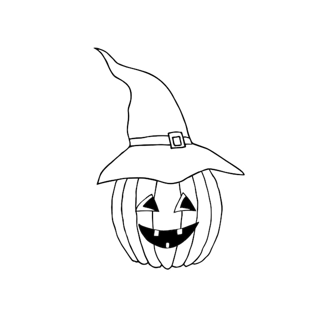 Zucca di halloween in un cappello illustrazione vettoriale disegnata a mano per la stampa di imballaggi di carte da colorare