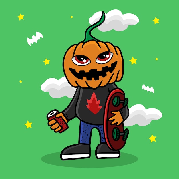 Halloween Pumpkin Head Having Fun Playing Skateboard