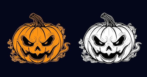 Halloween pumpkin head mascot engraving ink sketch hand drawn vector illustration