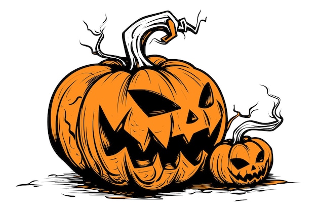 Halloween zucca testa mascotte incisione inchiostro schizzo illustrazione vettoriale disegnata a mano