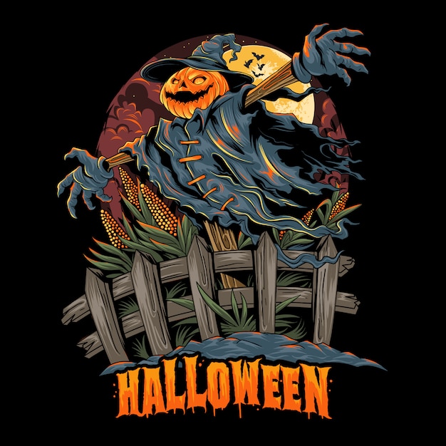 Хэллоуинское пугало с головой тыквы, выглядит жутко и красочно. редактируемые слои обложки