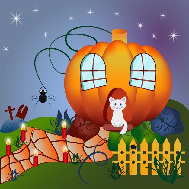 Вектор Хэллоуин тыквенный домик с кошкой