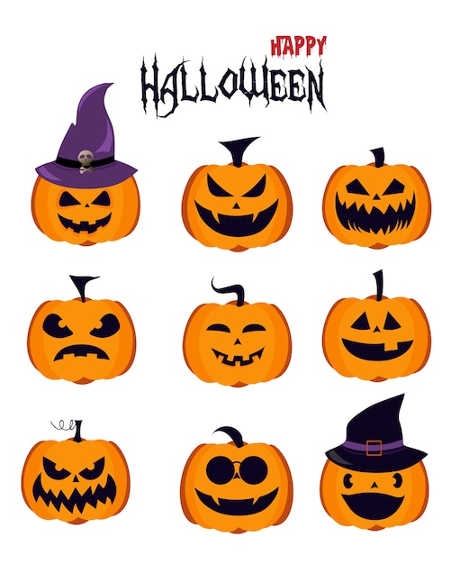 Vector halloween pumpkin icons with different faces