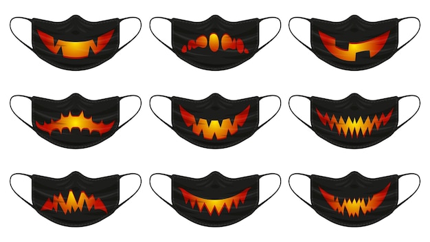 Maschera di zucca di halloween. maschere di protezione per il viso con zucca spettrale di halloween facce isolato illustrazione vettoriale set. maschera per il viso spaventosa di halloween felice. maschera antivirus di protezione, viso spettrale di halloween