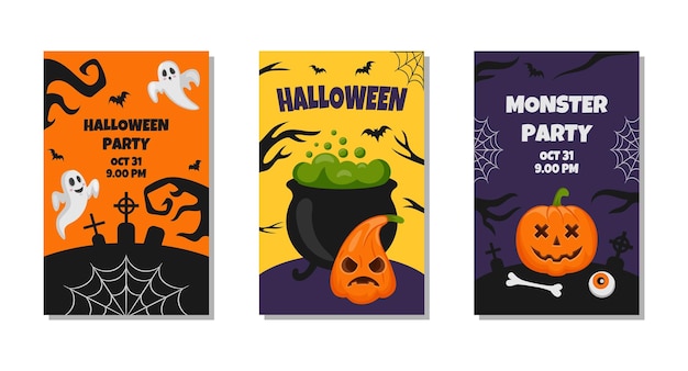 Halloween pumpkin party poster template Cute happy banner or sale background funny creepy pumpkins and ghosts greeting card or flyer horror frame Vector illustration