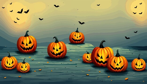 Vector halloween pumpkin patch in the moonlight jack o lantern party horizontal banner vector illustration