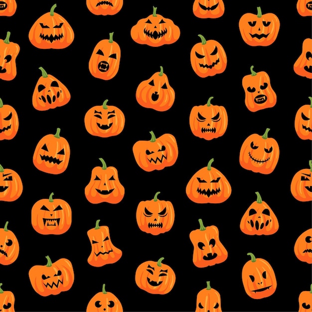 Тыквенный узор на хэллоуин празднование вечеринки жуткое украшение тыкв с лицами джека векторные иллюстрации для печати бесшовные жуткие тыквы
