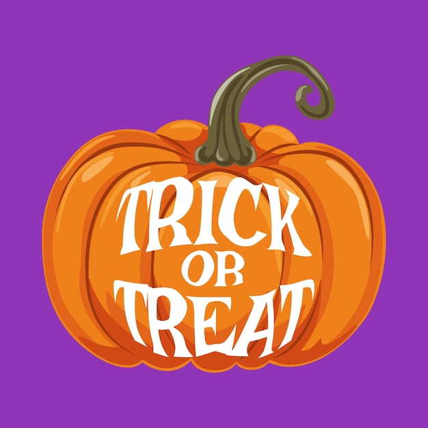 Halloween pumpkin on a purple background Orange pumpkin with white Trick or Treat lettering Vector illustration