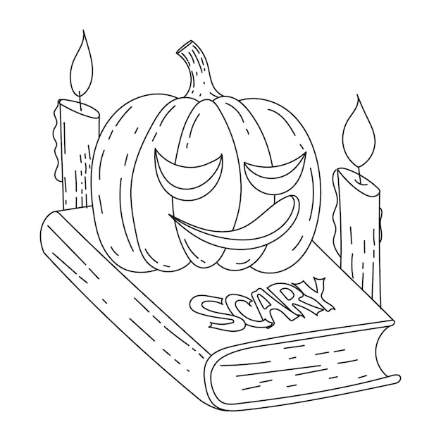 Zucca di halloween e illustrazione del contorno del libro spaventoso