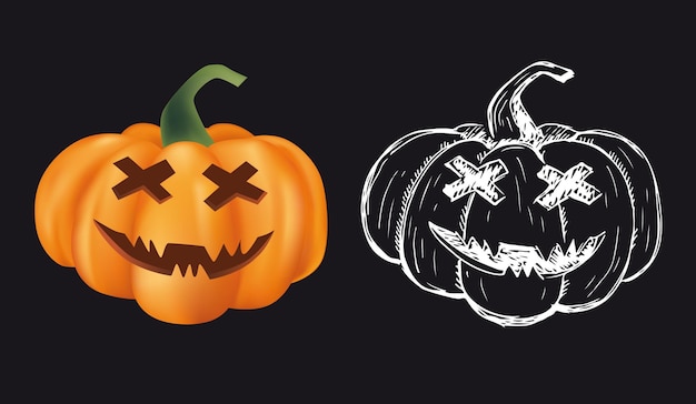 ハロウィンかぼちゃセット。手描きイラスト。