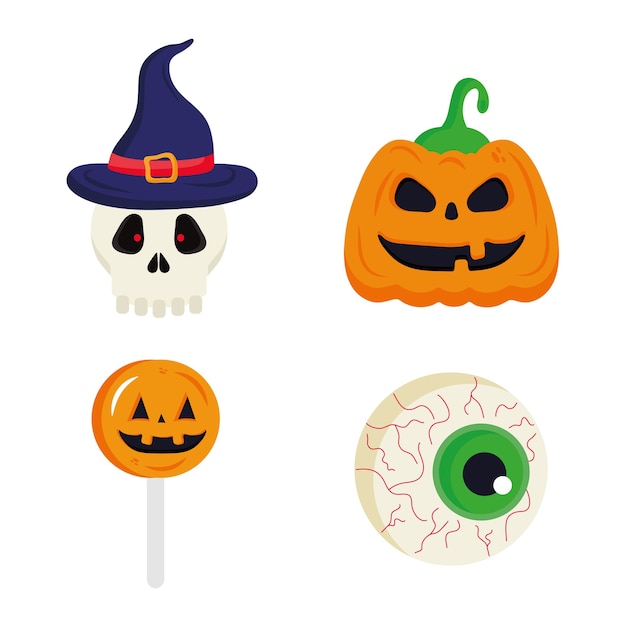 Caramella del cranio della zucca di halloween e disegno dell'occhio, tema di halloween.