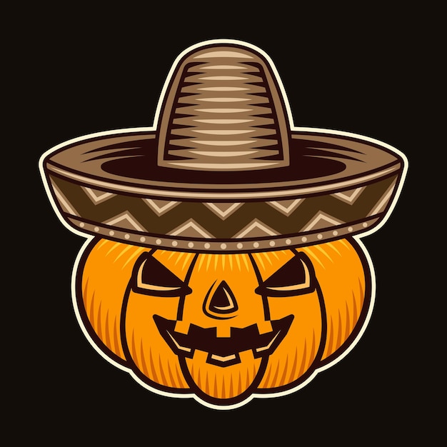 Halloween pumpkin in sombrero hat character colorful vector illustration in cartoon style isolated on dark background