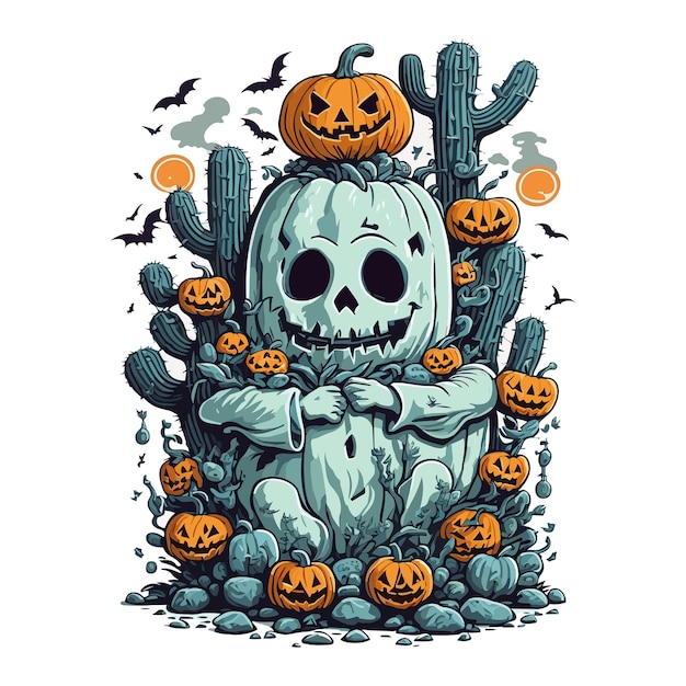 Halloween pumpkin surrounded by witch cactus white background cartoonstyle