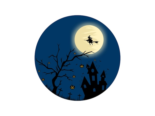 Halloween Pumpkin Tree Hunted House Riding Broom Vector