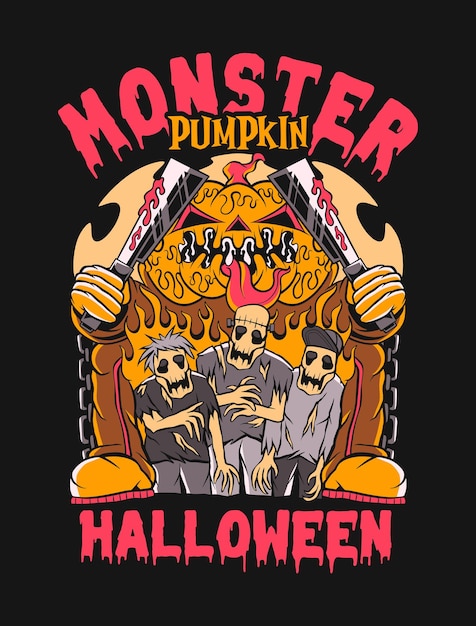 Vector halloween pumpkin vector tshirt design zombie monster pumpkin graphic illustration